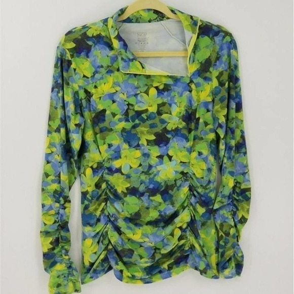 NILS Asymmetric Zip Neck Pullover Cinch Side Floral Workout Top Green Size Small - Picture 1 of 6